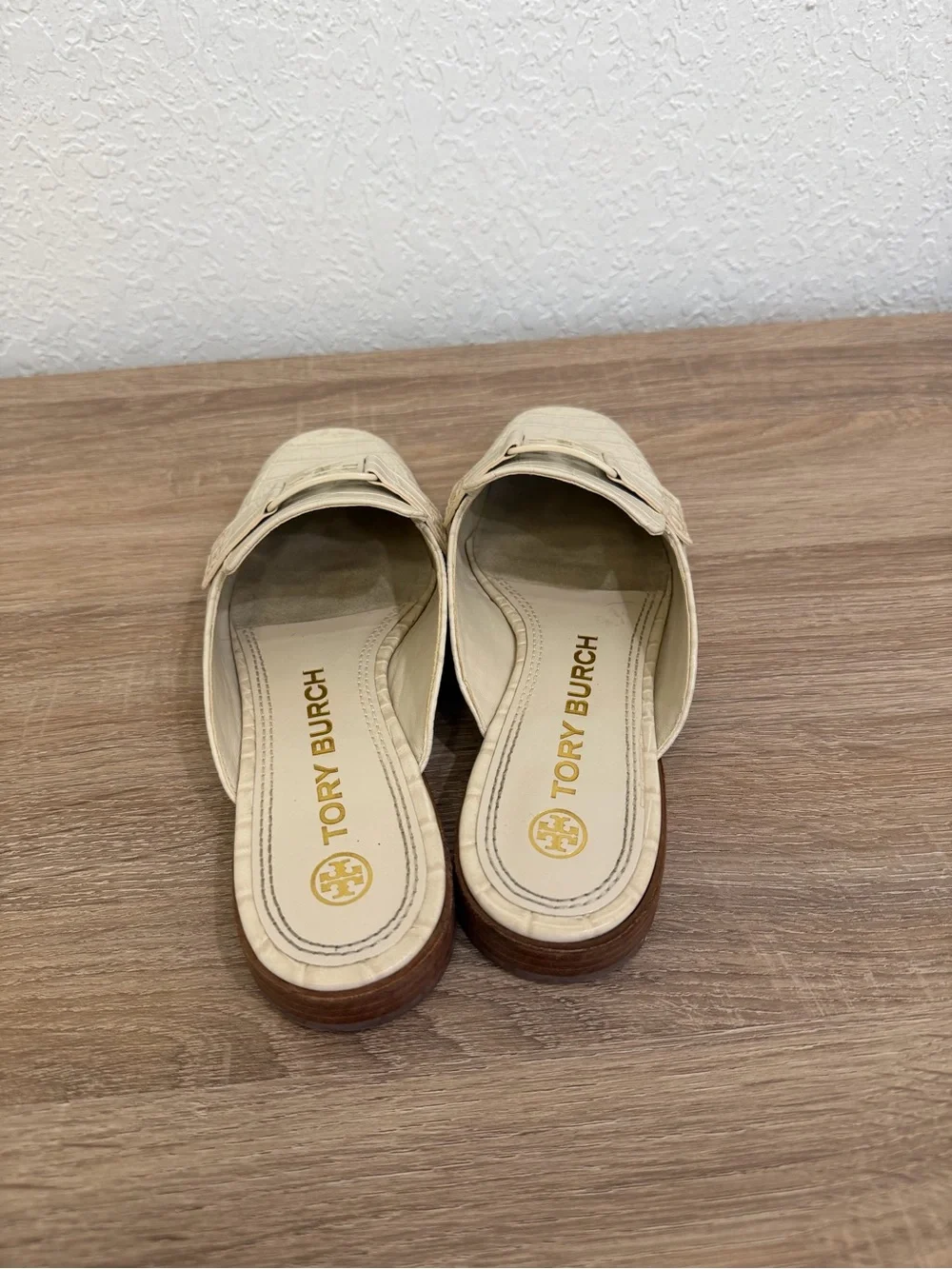 Tory Burch Cream Croc-Embossed Slip-On Mules with Logo